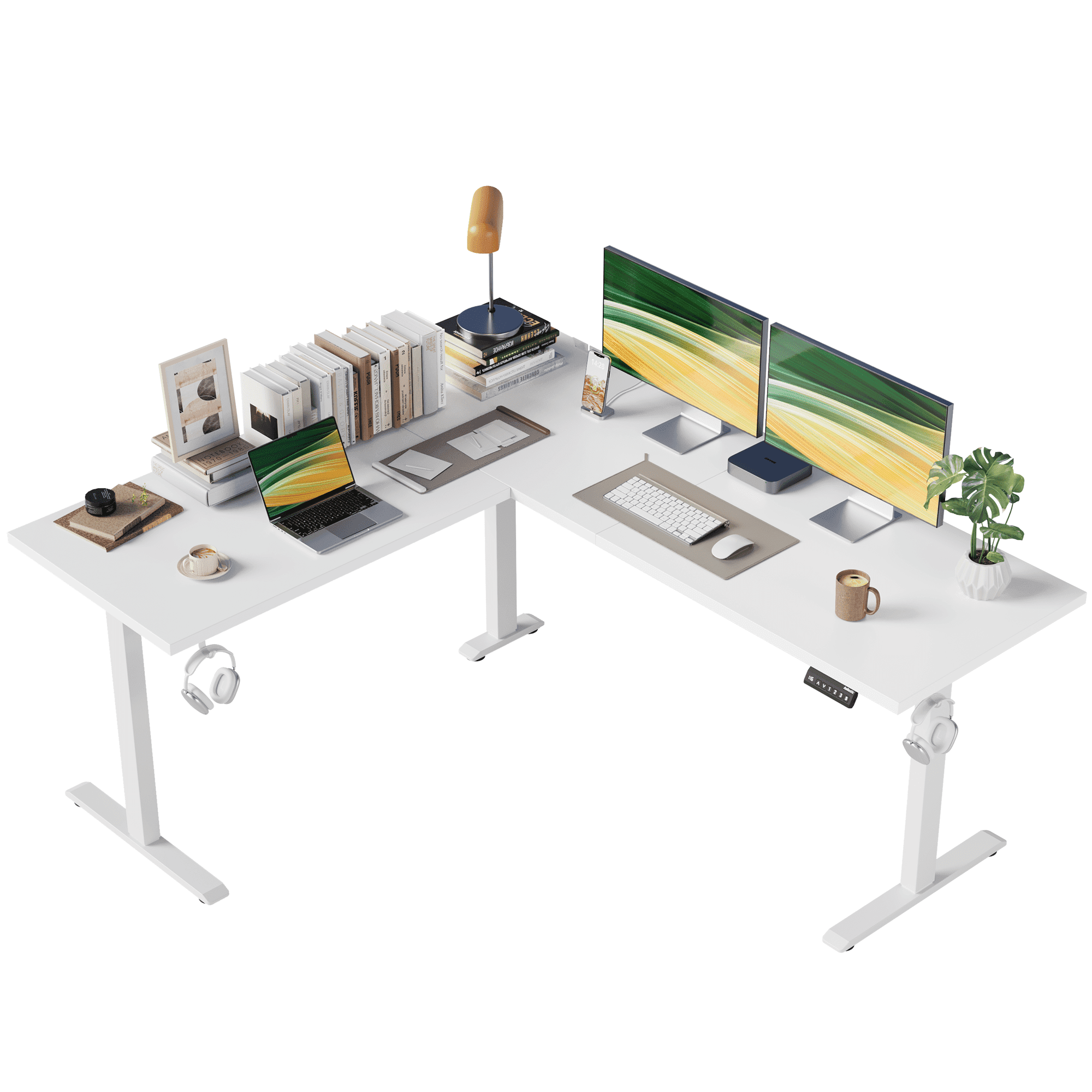 62.9 Inch L-Shaped Standing Desk, Large Electric Height Adjustable Ergonomic Home Office Computer Desk with 3 Memory Buttons and Cable Management, Corner Desk for Home & Office Workstations, White