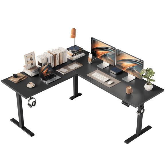 62.9 Inch L-Shaped Standing Desk, Large Electric Height Adjustable Ergonomic Home Office Computer Desk with 3 Memory Buttons and Cable Management, Corner Desk for Home & Office Workstations, Black