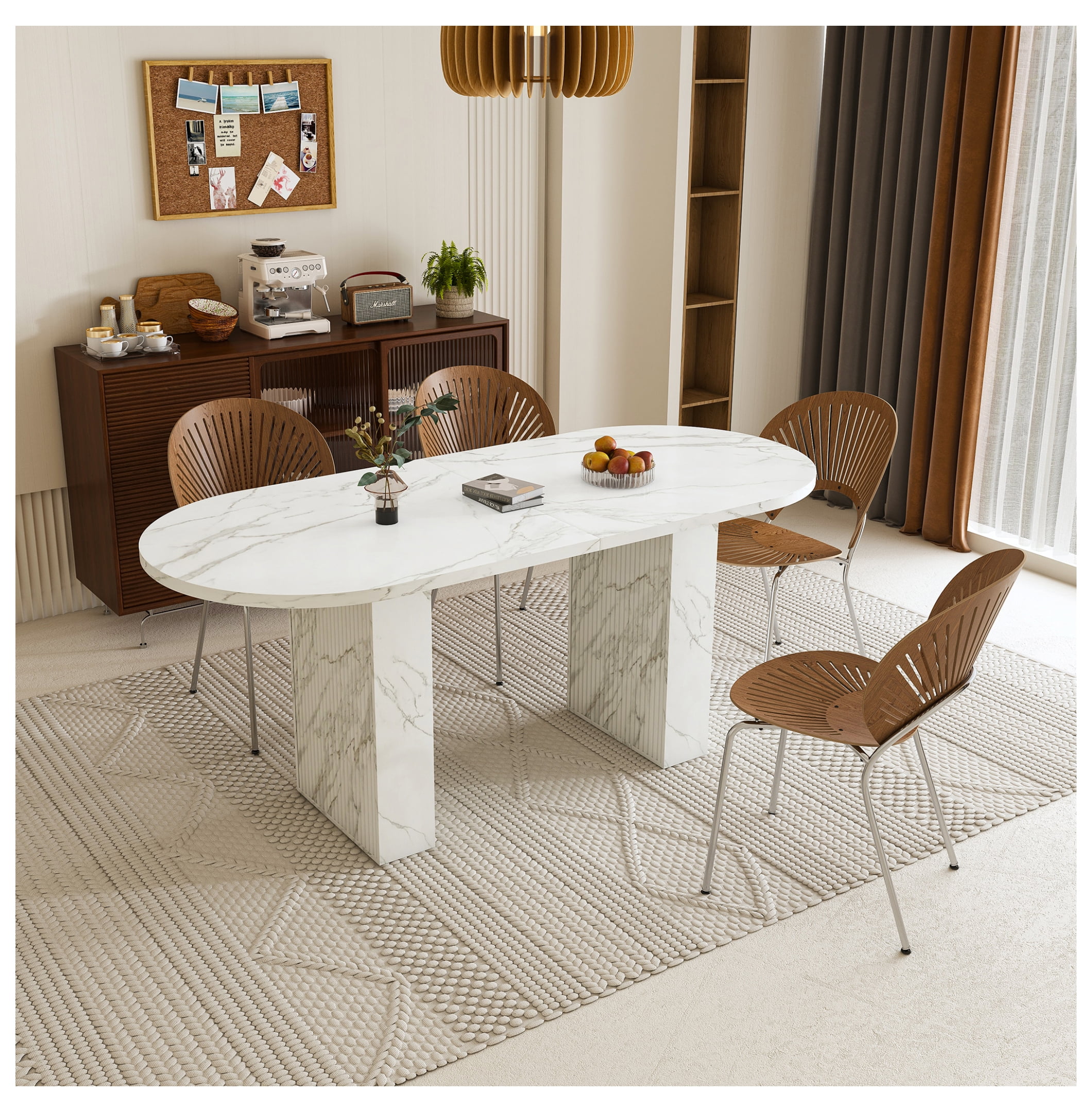 62.9 Inch Oval Dining Table for 6, Marble Top Kitchen Table with Wood Strip Base, Modern ...