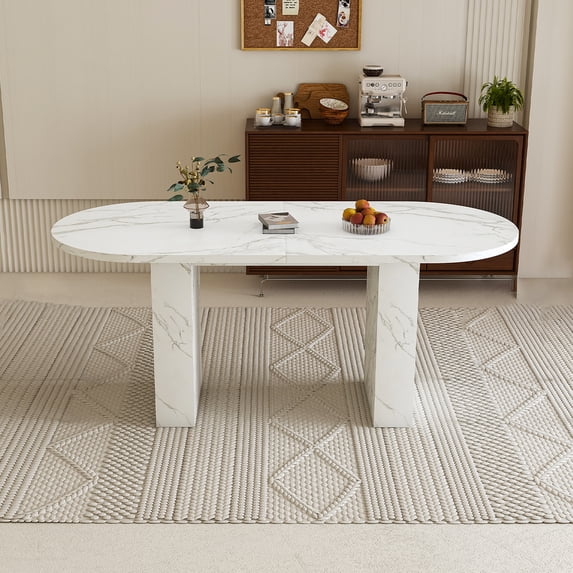 62.9 Inch Oval Dining Table for 6, White Marble Top Kitchen Table with Wood Strip Base, Modern Farmhouse Dining Room Table with Waterproof Scratch Resistant Surface