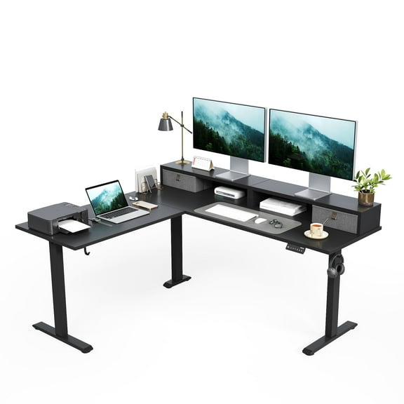 62.9" L Shaped Standing Desk with Drawers & Monitor Shelf, Electric Height Adjustable Corner Desk, Ergonomic Home Office Computer Desk with Hooks & Cable Management,Black
