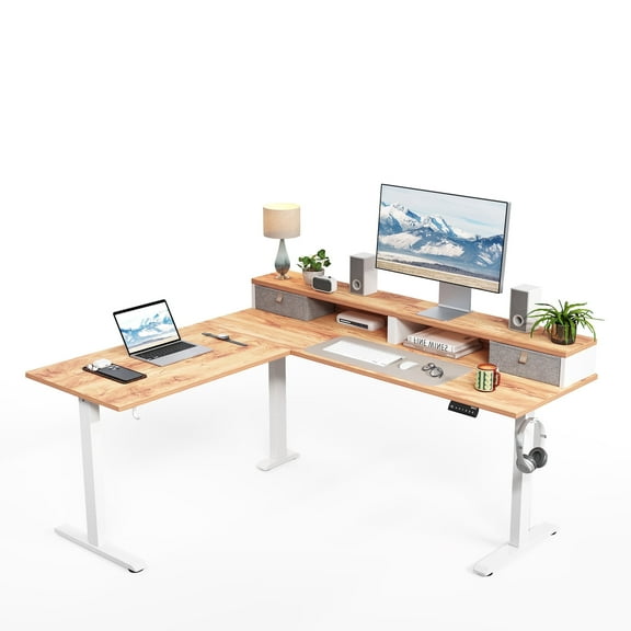 62.9" L Shaped Standing Desk with Drawers & Monitor Shelf, Electric Height Adjustable Corner Desk, Ergonomic Home Office Computer Desk with Hooks & Cable Management,Light Rustic Brown