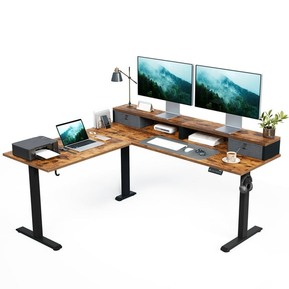 62.9" L Shaped Standing Desk with Drawers & Monitor Shelf, Electric Height Adjustable Corner Desk, Ergonomic Home Office Computer Desk with Hooks & Cable Management,Rustic Brown