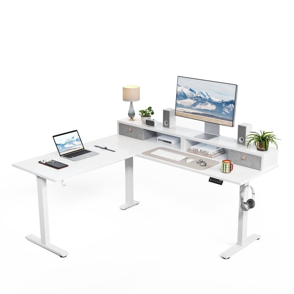 62.9" L Shaped Standing Desk with Drawers & Monitor Shelf, Electric Height Adjustable Corner Desk, Ergonomic Home Office Computer Desk with Hooks & Cable Management,White