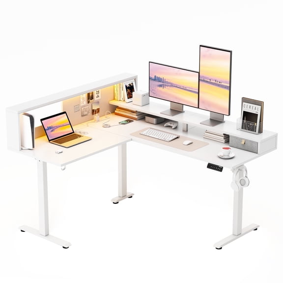 62.9"L Shaped Standing Desk with Monitor Shelf, Corner Computer Desk with Power Outlets& LED Lights,Height Adjustable Sit Stand Home Office Desk with Hooks & Cable Management,White