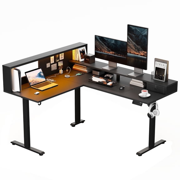 62.9"L Shaped Standing Desk with Monitor Shelf, Corner Computer Desk with Power Outlets& LED Lights,Height Adjustable Sit Stand Home Office Desk with Hooks & Cable Management,Black