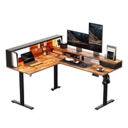 62.9"L Shaped Standing Desk with Monitor Shelf, Corner Computer Desk with Power Outlets& LED Lights,Height Adjustable Sit Stand Home Office Desk with Hooks & Cable Management,Rustic Brown