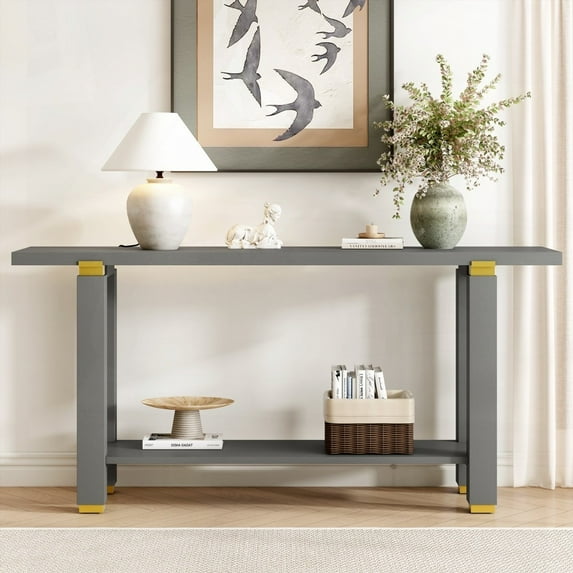 62.9" Modern Solid Wood Console Table with Metal Accents for Living Spaces (3 Colors: Black, Gray, Natural)