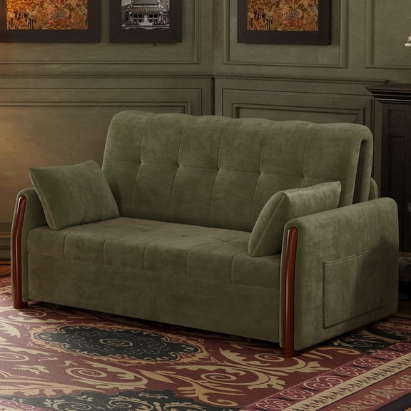 62.9" Upholstered Convertible Loveseat Sofa Bed with Pull Out Mechanism, Metal and Wood Frame Fabric Couch with Storage Pocket for Living Room Bedroom