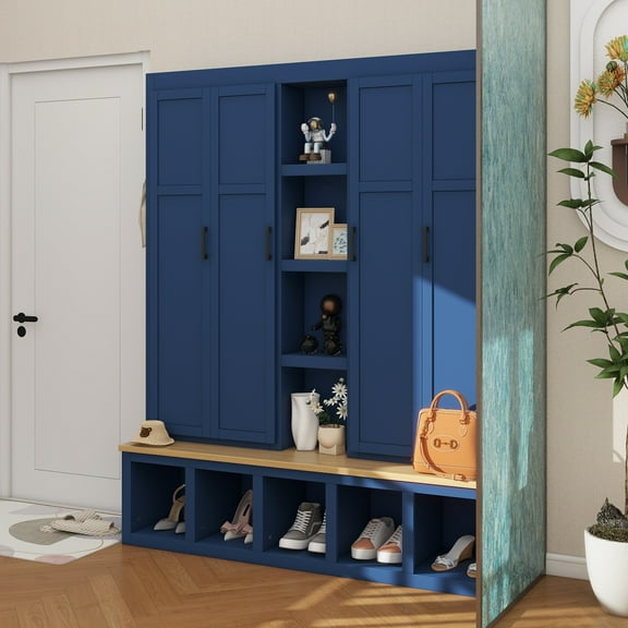 62.9"W Farmhouse 4-in-1 Hall Tree with 6 Hanging Hooks, Mudroom Wood Grain Bench with Open Compartments, Entryway Shoe Cabinet with Seating Bench for Living Room, Hallway, Blue