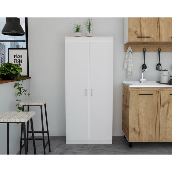 62.9 - inch high white particle board cabinet / Useful extra storage in kitchen
