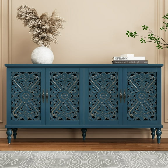 62.98" Retro Hollow-Carved 4 Door Cabinet, Storage Sideboard Buffet Accent Cabinet for Living Room, Blue