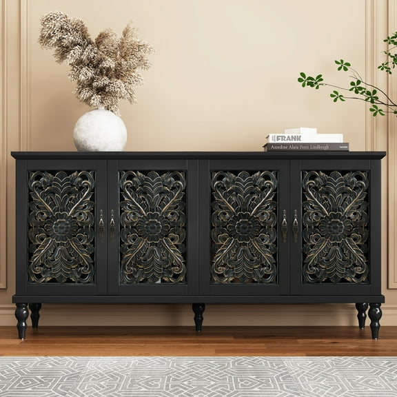62.98" Retro Hollow-Carved 4 Door Cabinet, Storage Sideboard Buffet Accent Cabinet for Living Room, Blue