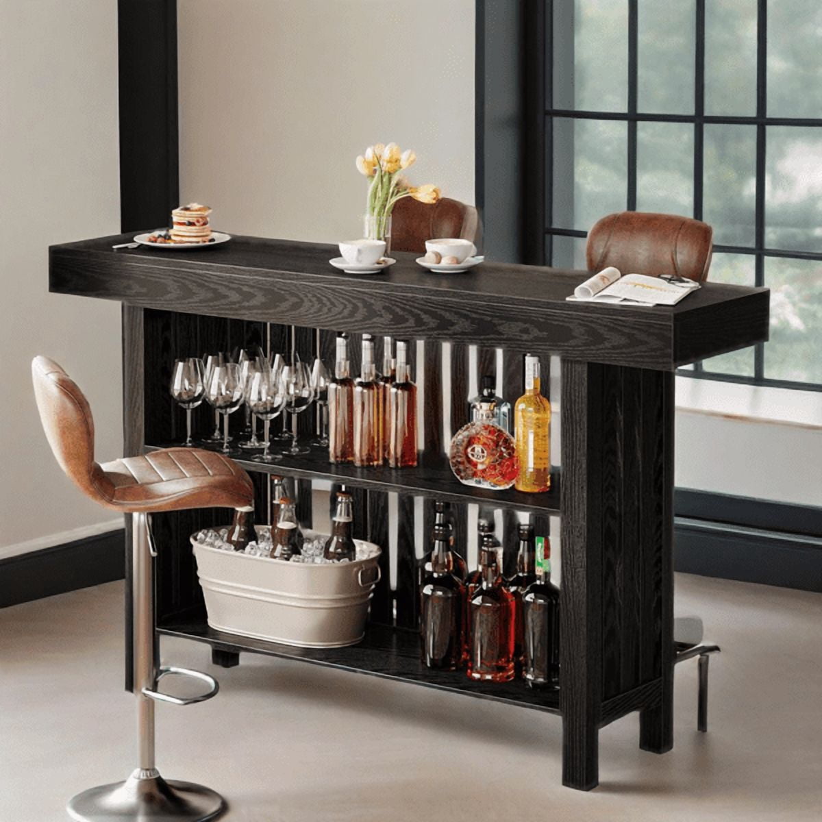 62.99" 2-Tier Bar Table , 3.97" Thickened Panels, Modern Design, Sturdy Home Bar for Living Room, Dining Area, Wine Cellar, Basement