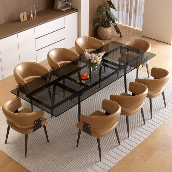 62.99-94.48" Extendable Dark Tempered Glass Dining Table, Scratch-Resistant Glass Top & Metal Frame, Seats 8-10, Modern Minimalist Dining Furniture for Family