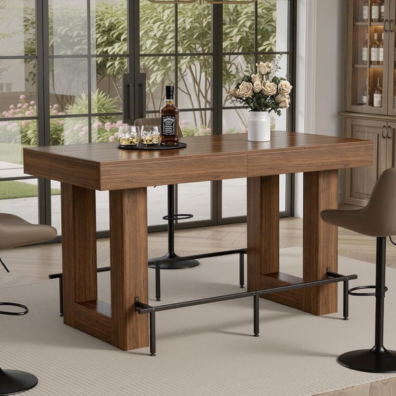 62.99 Inch Counter Height Table,Bar Counter Height Dining Table,Bar Table with Metal Footrest ,for Kitchen, Living Room, Bar, Seats 4-6 People, Brown