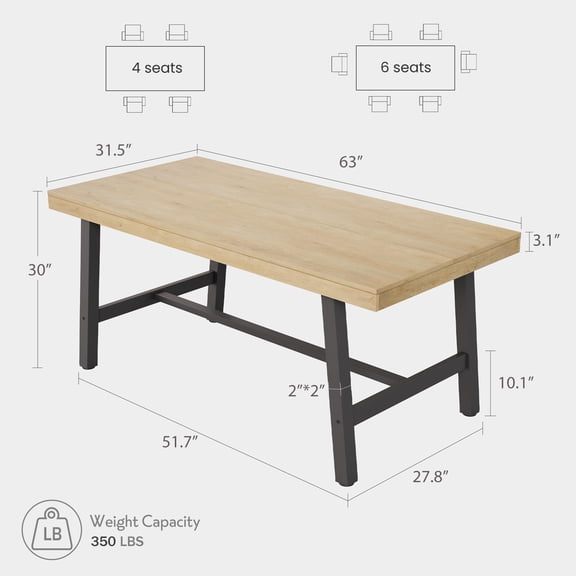 62.99" Industrial Dining Table for 4-6, Large Wooden Kitchen Table with Sturdy Metal Frame, Rectangular Table for Dining Room