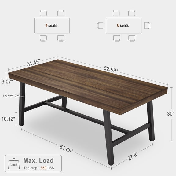 62.99" Industrial Dining Table for 4-6, Large Wooden Kitchen Table with Sturdy Metal Frame, Rectangular Table for Dining Room