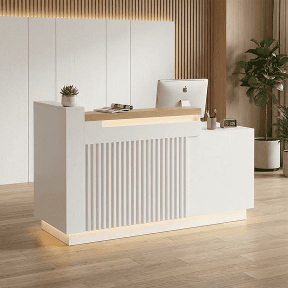 63" Modern L-Shaped Reception Desk with Left Counter, Built-in Power Outlets, Locking Drawers, Storage Cabinet & LED Lights, White