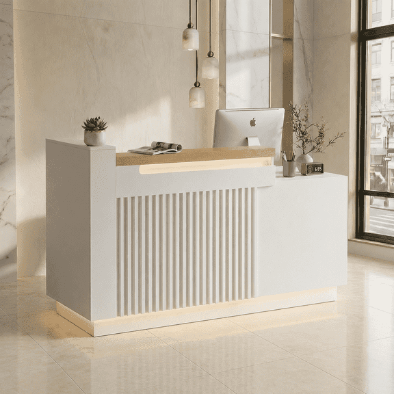 63" White L-Shaped Reception Desk with Left Counter, Modern Front Desk with Built-in Power Outlets, Locking Drawers & LED Lights for Office, Salon & Retail