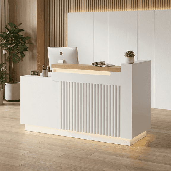 63" White L-Shaped Reception Desk with Right Counter, Modern Front Desk with Built-in Power Outlets, Locking Drawers & LED Lights for Office, Salon & Retail