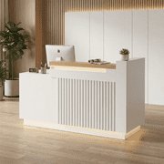 63" Modern L-Shaped Reception Desk with Right Counter, Built-in Power Outlets, Locking Drawers, Storage Cabinet & LED Lights, White
