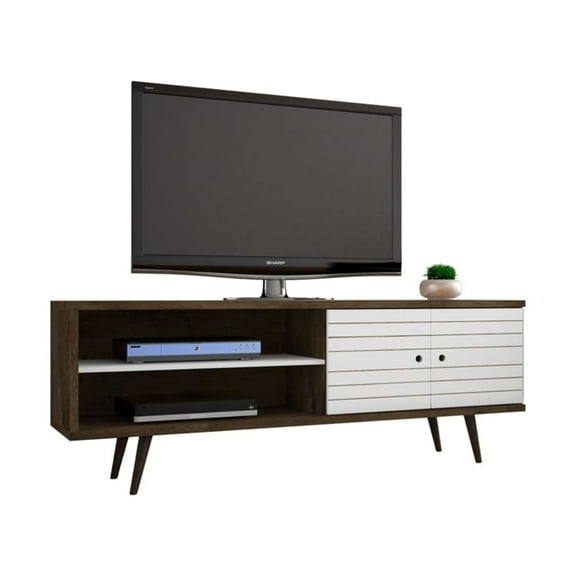 62.99" Mid Century - Modern TV Stand with 3 Shelves & 2 Doors with Solid Wood Legs, Rustic Brown, White