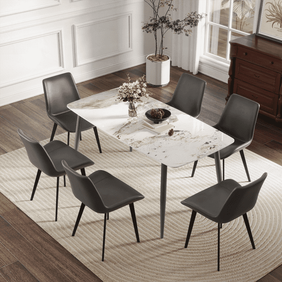 62.99" Modern Artificial Stone White Pandora Curved Edge Dark Grey Metal Leg Dining Table for 6 People (Dining Table Only) - Spacious & Practical for Daily Use