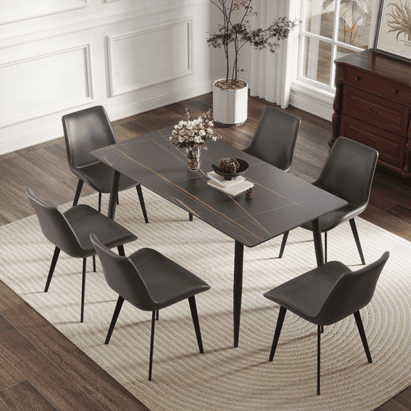 62.99" Modern Black Dining Table with 6-Person Capacity (Artificial Stone & Black Metal Legs - Dining Table Only)