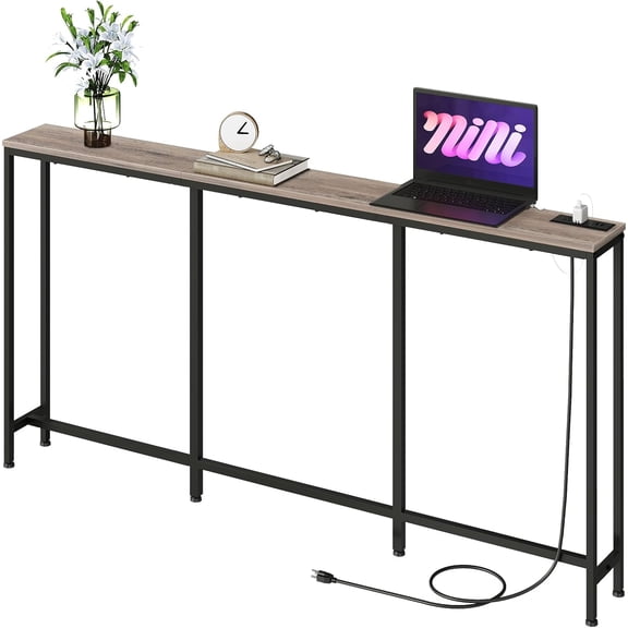 62.99" Narrow Console Table with Power Outlet 7.1" Skinny Sofa Table, Long Behind Couch with Station for Hallway, Room Greige and Black TXG16UBG