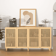 62.99" Natural Wood Slatted Sideboard Storage Cabinet, 4-Door Modern Buffet for Entryway Living Room, Rustic Farmhouse by Domvaranique
