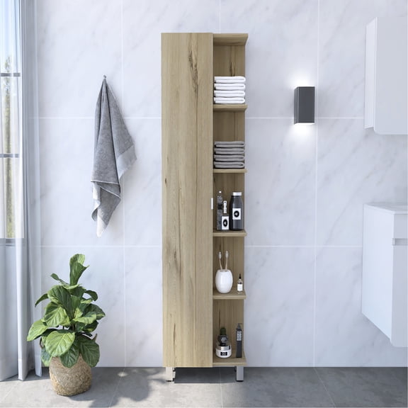 62" Bathroom Linen Cabinet | Five External and Four Interior Shelving | Particle Board with Light Oak | Solves Storage in Tight Spaces