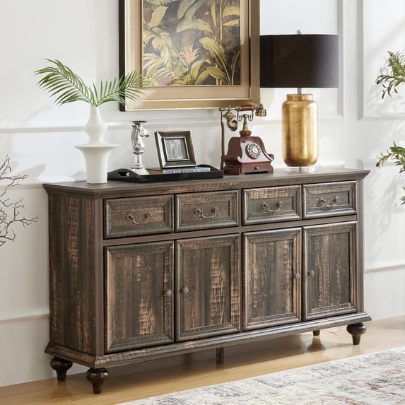 Brafabhome Sideboard with 4 Doors and 4 Drawers, 62'' W Buffet Storage Cabinet with Shelves for Kitchen Dining Room | Dark Oak