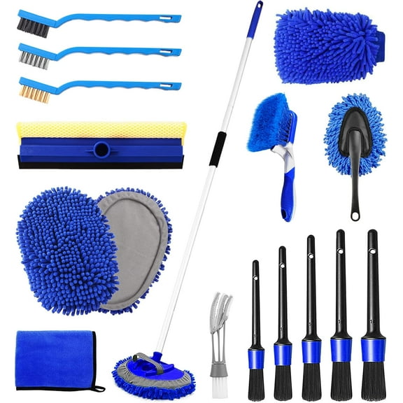 62'' Car Wash Brush Kit - Mitt, Mop, Sponge & Long Handle, Scratch-Free Chenille Replacement Head, Wheel Tire Brush, Car Detailing Kit for Cars, RV, Truck