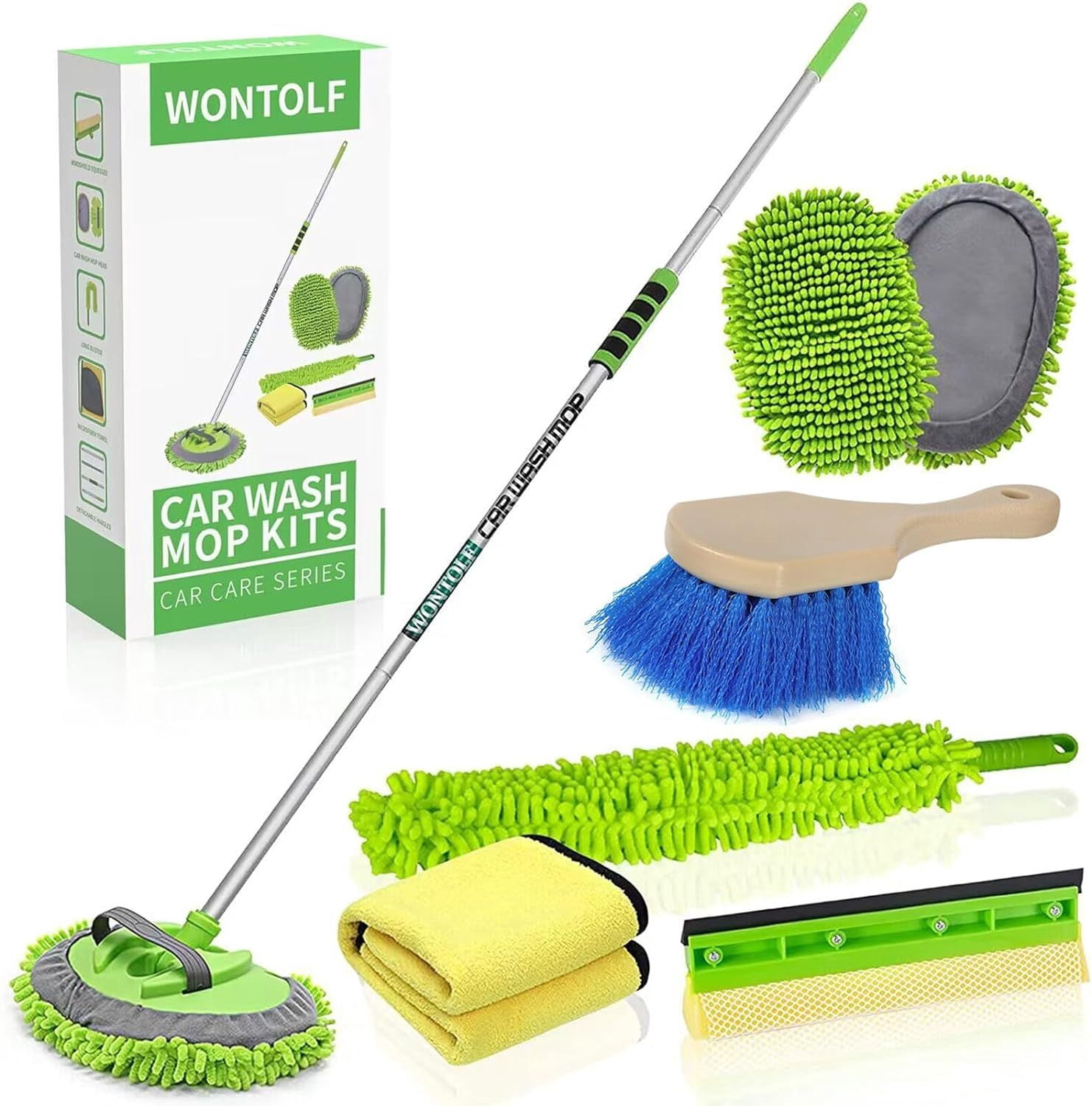 62 Car Wash Brush with Long Handle Chenille Microfiber Car Wash Mop Mitt Kit Car Detailing Brush Cleaning Kit Window Squeegee Car Duster Drying Towels Tire Brush for Cars RV Truck Boat