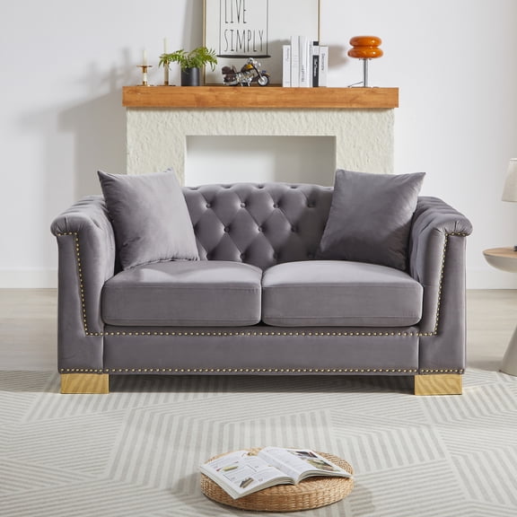 62" Chesterfield Sofa, Velvet Rolled Arms, Nailhead & Cloud Accents, 2-Seater,Grey