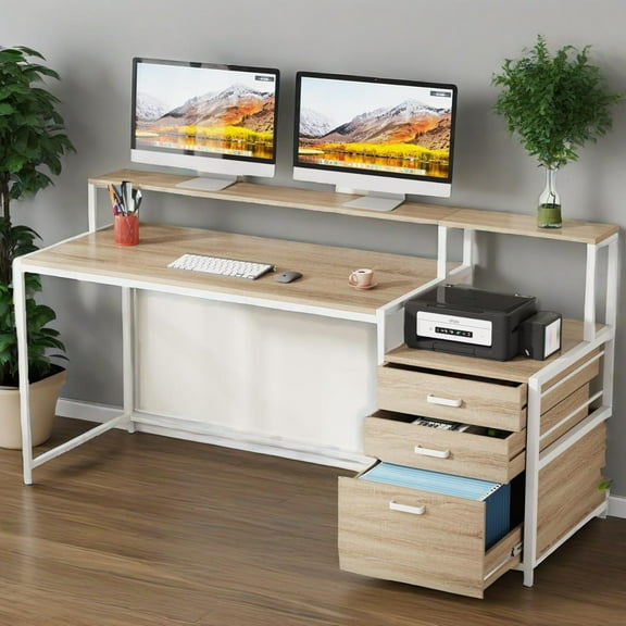62" Computer Desk with Adjustable File Cabinet and Monitor Stand,Office Desk with Storage Drawer, Writing Desk for Home, Office, Natural