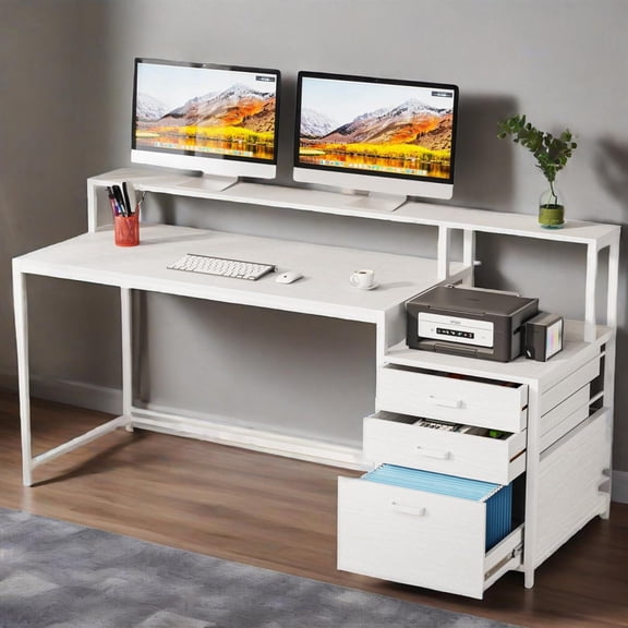 62" Computer Desk with Adjustable File Cabinet and Monitor Stand,Office Desk with Storage Drawer, Writing Desk for Home, Office, White