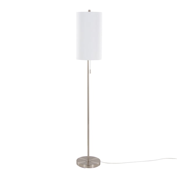 62" Contemporary Brushed Nickel Metal Floor Lamp, White Textured Linen Shade