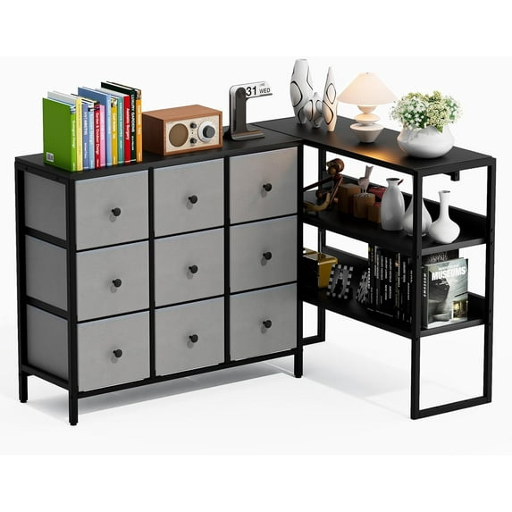 62" Dresser for Bedroom with 3-Tier Open Storage Shelves, Dresser for Closet with 9 Dressers, Large TV Stand for 50, 60, 75 Inch TV, for Bedroom, Closet, Entryway, Black and Gray