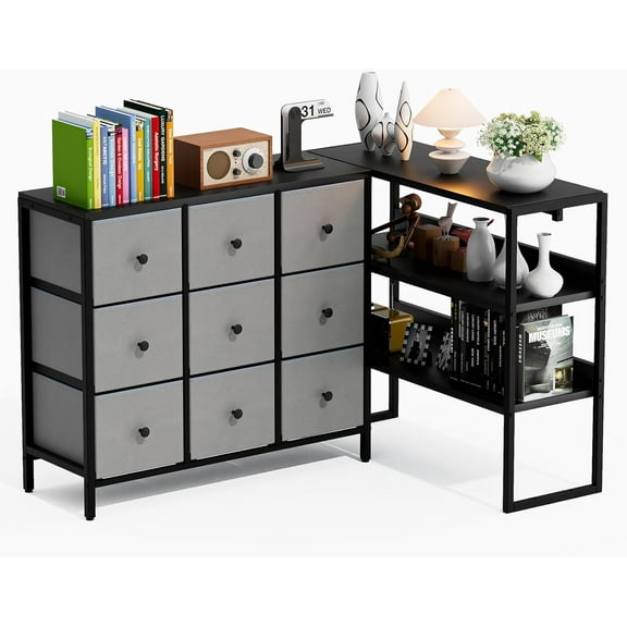 62" Dresser for Bedroom with 3-Tier Open Storage Shelves, Dresser for Closet with 9 Dressers, Large TV Stand for 50, 60, 75 Inch TV, for Bedroom, Closet, Entryway, Black and Gray