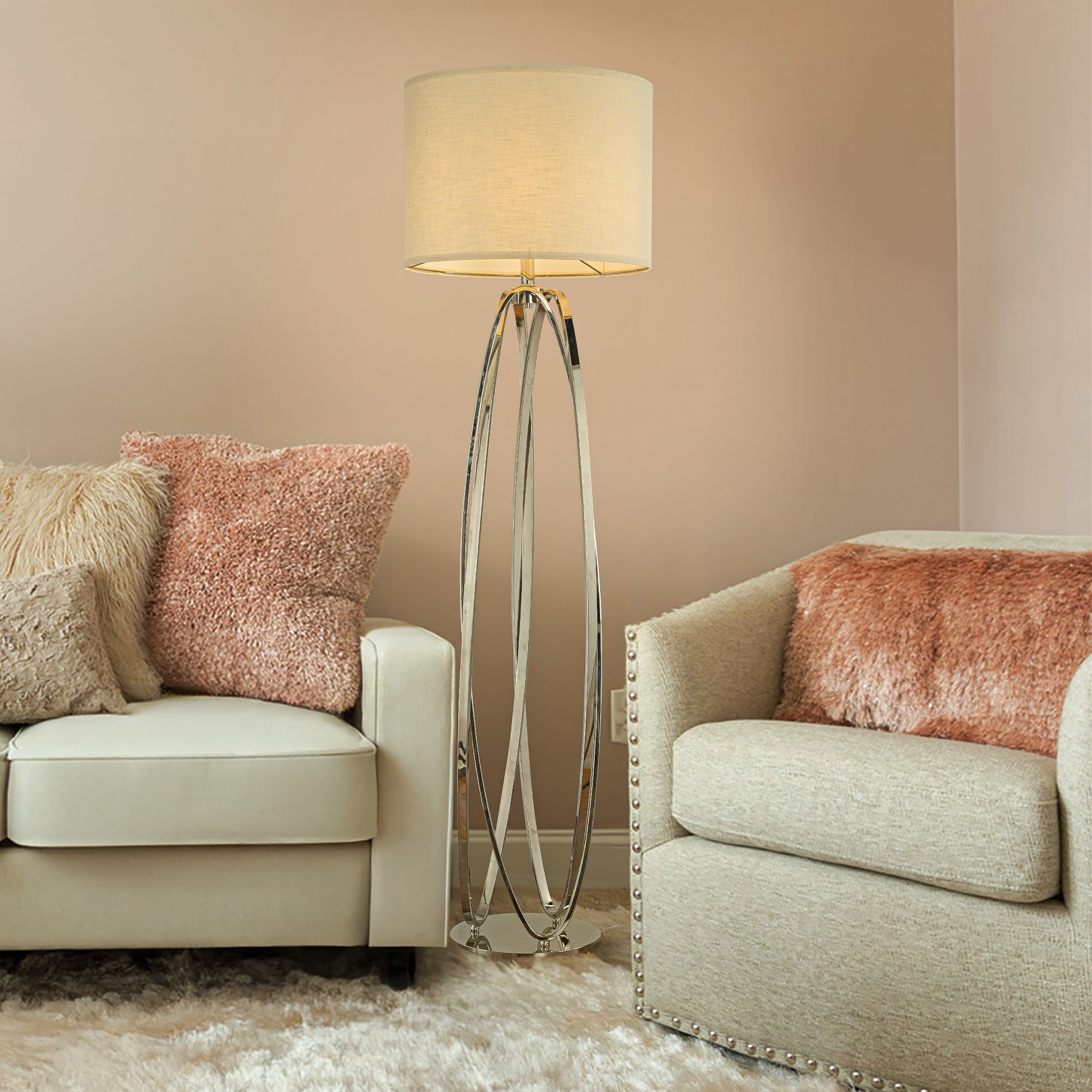 62'' Elegant Modern Polished Nickel Metal Floor Lamp With Ivory Fabric Drum Shade For Living Room Dining Room