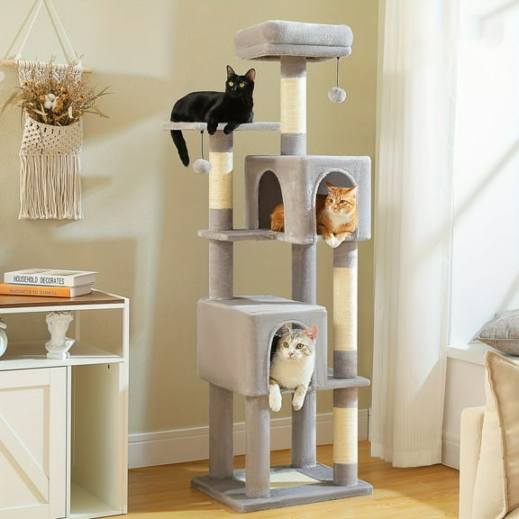62" Extra Tall Cat Tree Tower with 2 Spacious Condos, 4 Sisal Scratching Posts & 2 Top Perches - Multi-Level Indoor Cat Furniture with Paw-Proof Base