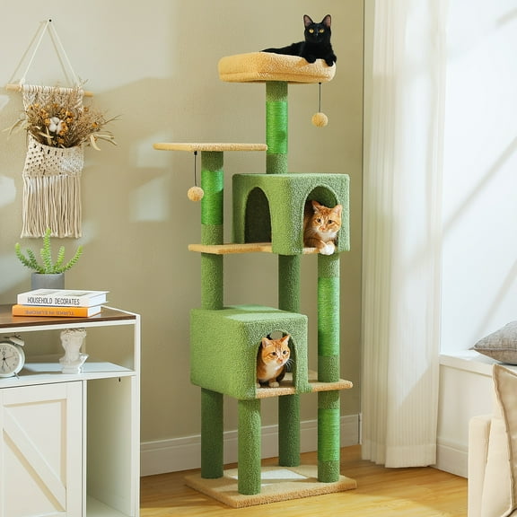 62" Extra Tall Cat Tree Tower with 2 Spacious Condos, 4 Sisal Scratching Posts & 2 Top Perches - Multi-Level Indoor Cat Furniture with Paw-Proof Base