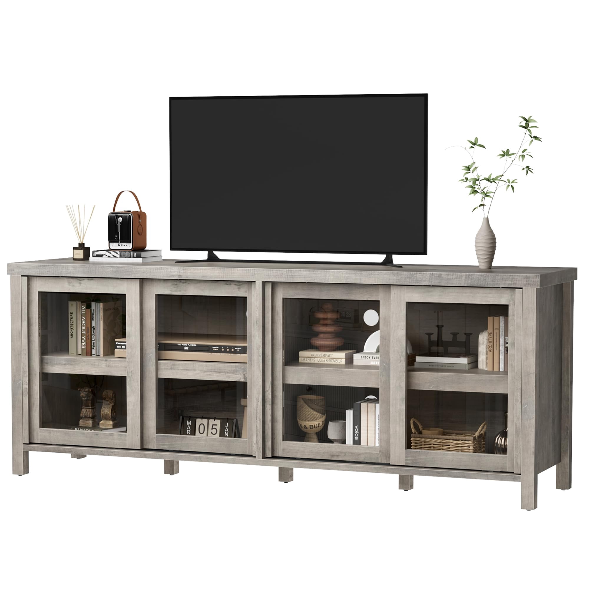 62" Farmhouse TV Stand for TVs up to 75 Inch - Entertainment Center with Glass Sliding Doors & Adjustable Shelves - Large Storage Media Console for Living Room & Bedroom - Black / Gray / Retro
