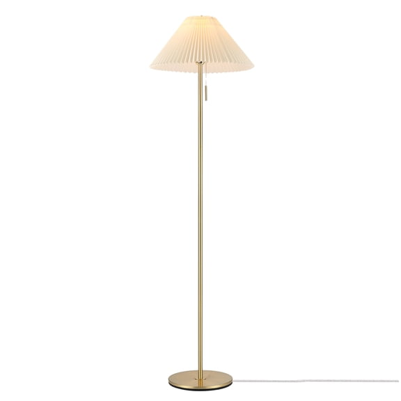 62" Floor Lamp, Brass Finish, Metal, Pleated Fabric Shade, Flat Base, Pull Chain Switch on Socket, Reading Light, Office Accessories, House Decor