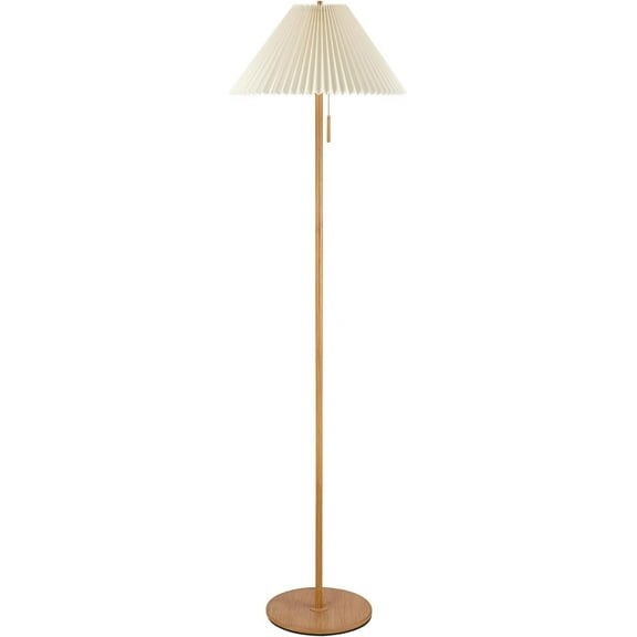 62" Floor Lamp, Faux Wood Finish, Pleated Fabric Shade, Flat Base, Pull Chain Switch on Socket, Reading Lamp, Home Office Accessories, Home Dcor, Home Improvement