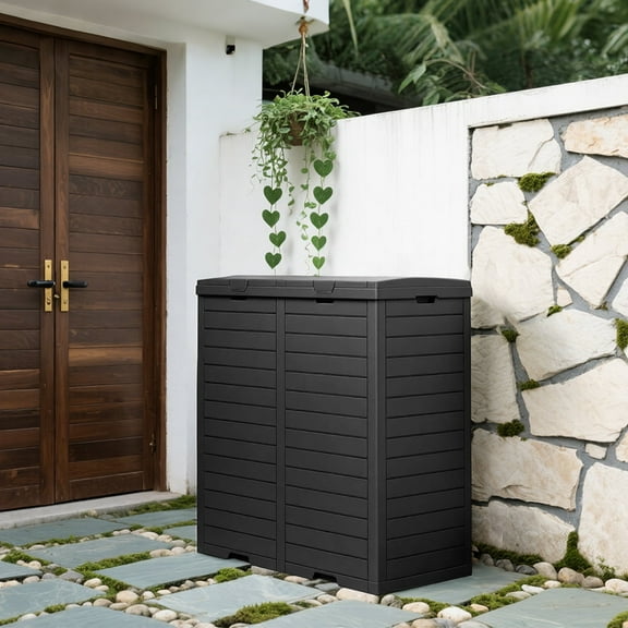 62 Gallon Outdoor Trash Can with Tiered Lid and Drip Tray, Waterproof Resin Waste Bin Indoor,Durable,Stylish,Lightweight Garbage Bin for Patio,Kitchen,Backyard and Office, Black