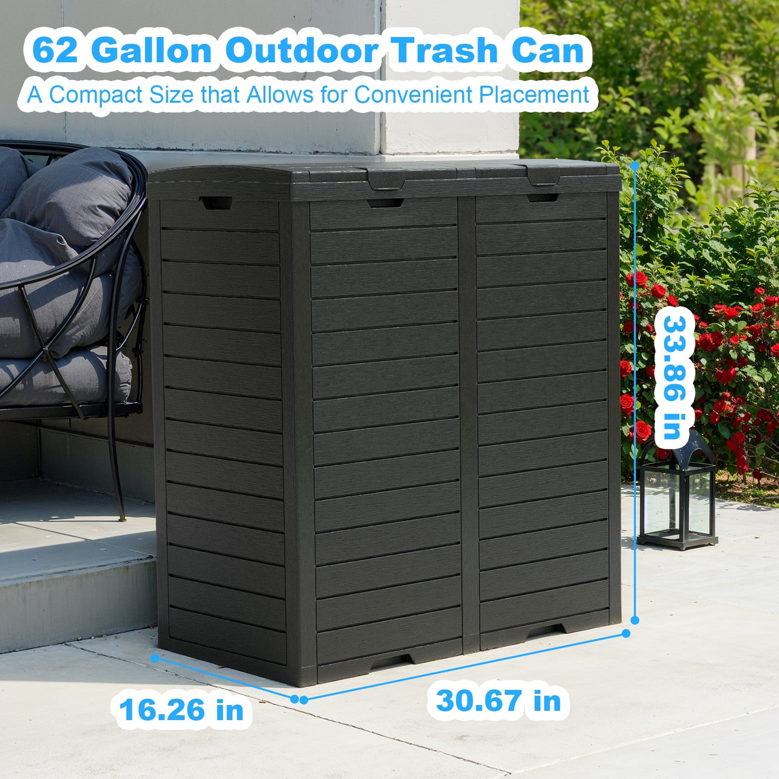 62 Gallon Outdoor Trash Can, Waterproof Resin Garbage Can with Tiered