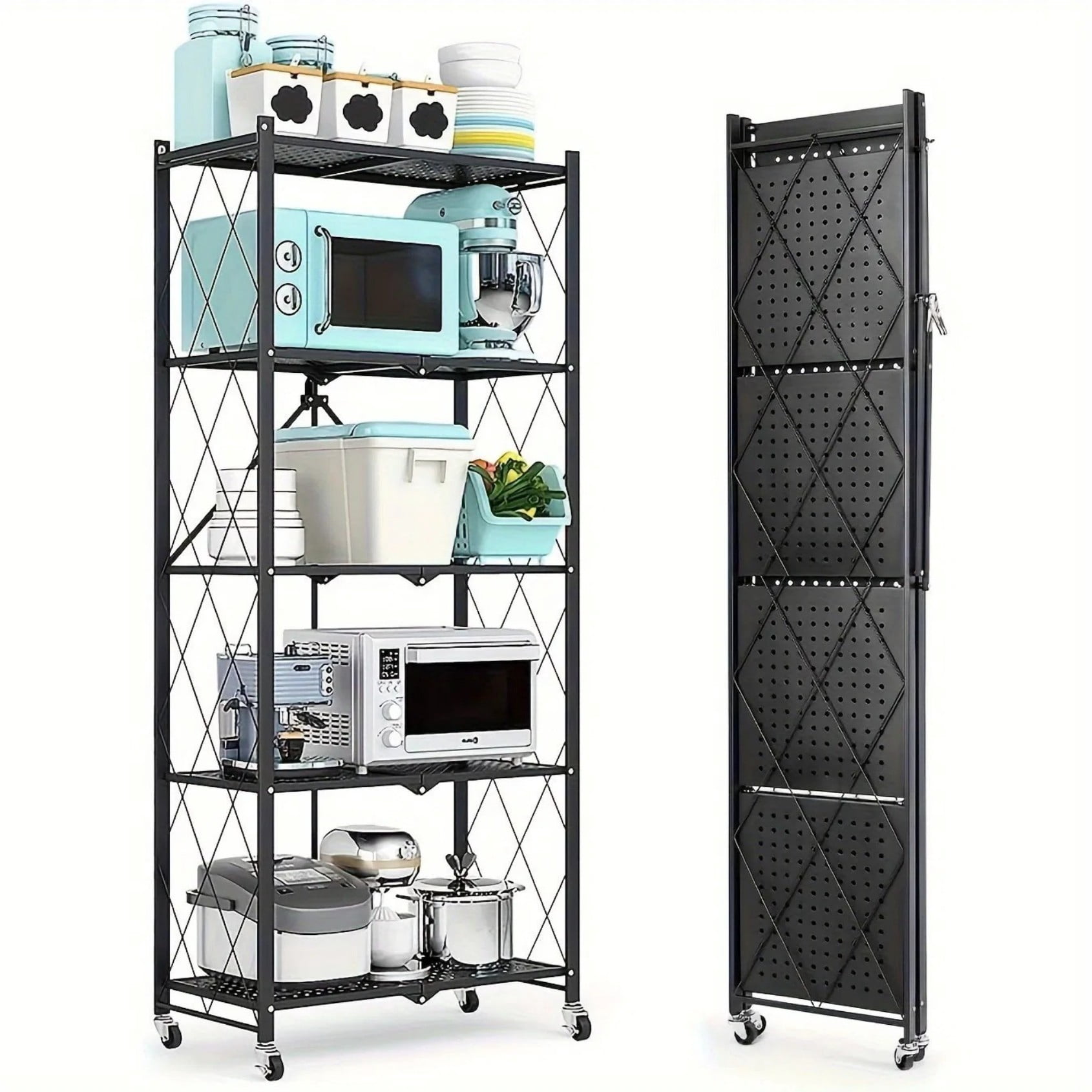 62"H 5-Tier Heavy Duty Storage Shelving Unit with Wheels, Foldable Metal Wire Rack Organizer for Garage Kitchen Pantry Basement, Black